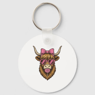 Porte-clés Vache Highland mignonne avec lunettes à monture en