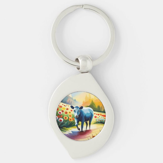 Porte-clés Vache mignonne dans le champ floral (Devant)