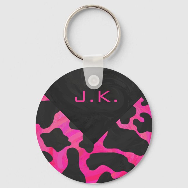 Porte-clés Vache Monogram Imprimé Rose et Noir (Recto)