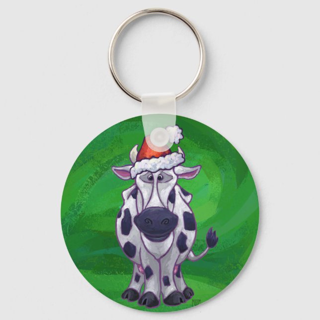 Porte-clés Vache Noël sur vert (Recto)