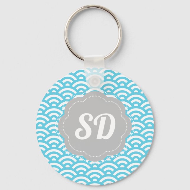 Porte-clés Vague Bleu Clair Monogramme Personnalisé (Recto)