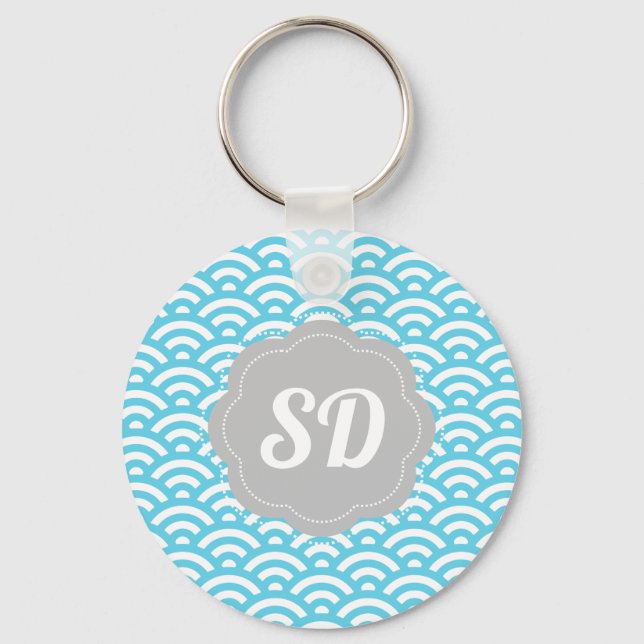 Porte-clés Vague bleu clair Monogramme personnalisé (Recto)