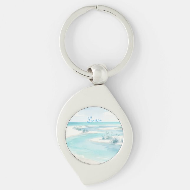 Porte-clés vagues de plage à l'aquarelle bleu pastel nom modi (Devant)