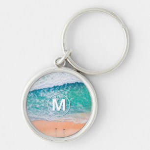 Porte-clés Vagues de plage, monogramme blanc dans un cercle
