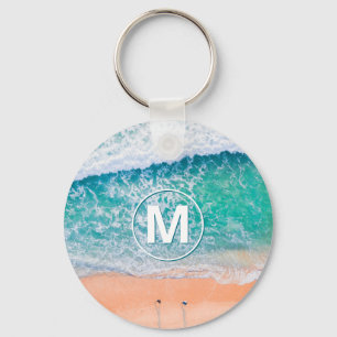 Porte-clés Vagues de plage, monogramme blanc dans un porte-cl