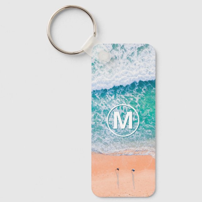 Porte-clés Vagues de plage, Monogramme blanc en cercle (Recto)