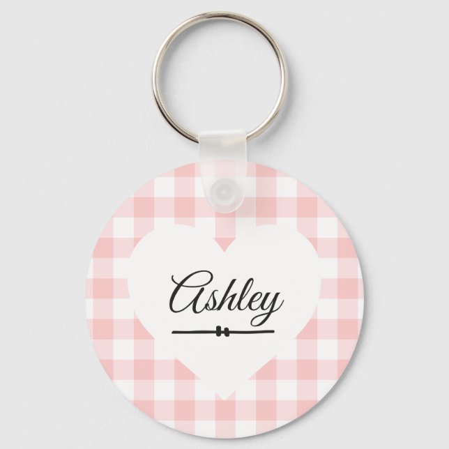 Porte-clés Valentine Coeur rose En vichy Nom Monogramme (Recto)