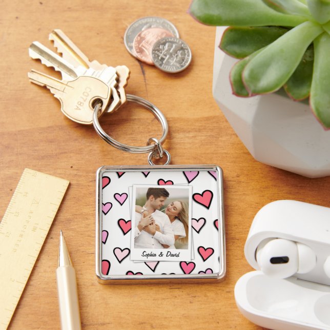 Porte-clés Valentine Couple Photo personnalisée Monogramme Fo (Bureau)