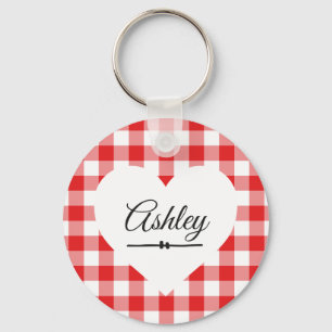 Porte-clés Valentine Heart Rouge En vichy Nom Monogramme