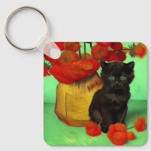 Porte-clés Van Gogh Black Kitten Fleurs rouges