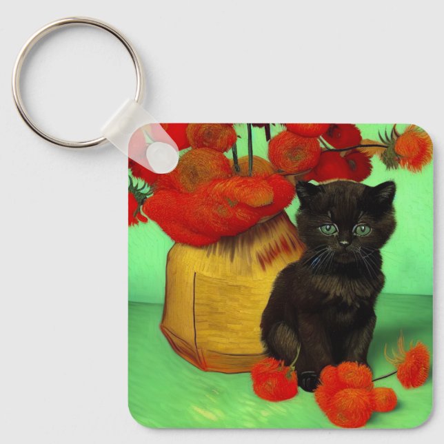 Porte-clés Van Gogh Black Kitten Fleurs rouges (Recto)