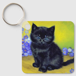 Porte-clés Van Gogh Chat noir Fleurs violettes