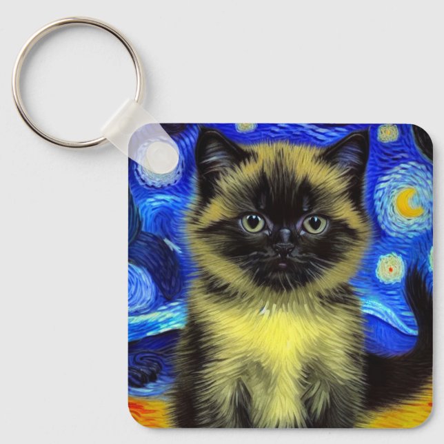 Porte-clés Van Gogh Starry Nuit Siamese Cat (Recto)
