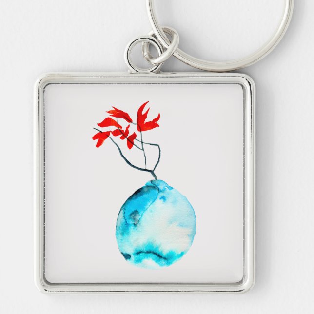 Porte-clés Vase bleu aquarelle ikebana (Devant)