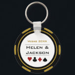 Porte-clés Vegas Casino Poker Chip Marine Blue White Mariage<br><div class="desc">Se marier à Las Vegas ou peut-être que vous avez un mariage thématique casino ? Ces porte - clés bleu marine et blanc sauront plaire à vos invités. Personnalisez le design avec vos noms en noir dans le centre,  et une date mariage,  merci,  etc en bleu sur le dessus.</div>