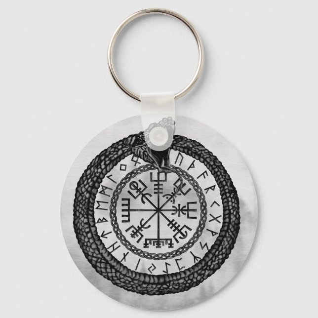 Porte-clés Vegvisir avec Ouroboros et runes - niveaux de gris (Recto)