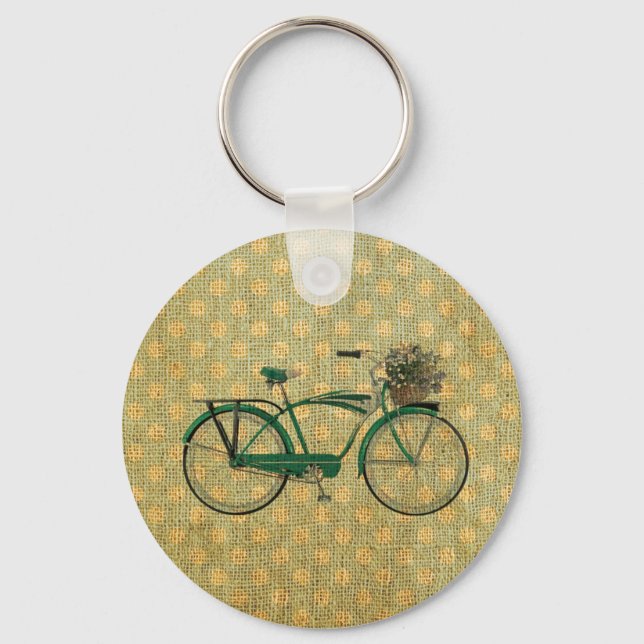 Porte-clés Vélo vert rétro avec panier à fleurs (Recto)