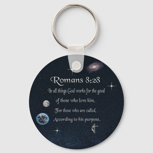 Porte-clés verset biblique chrétien Romains 8:28 (Recto)