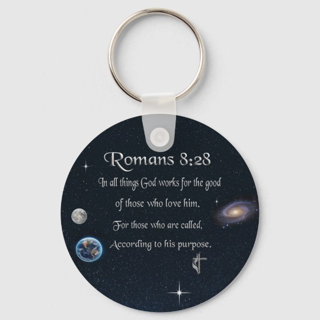Porte-clés verset biblique chrétien Romains 8:28 (Recto)
