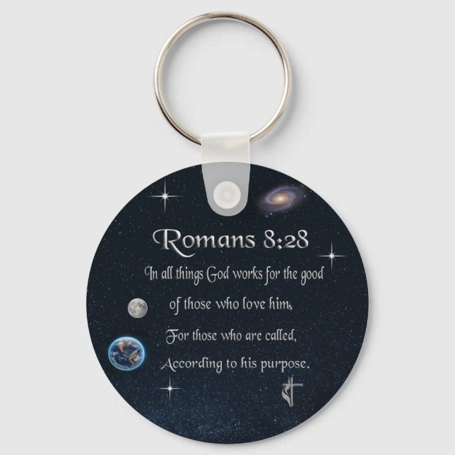 Porte-clés verset biblique chrétien Romains 8:28 (Recto)