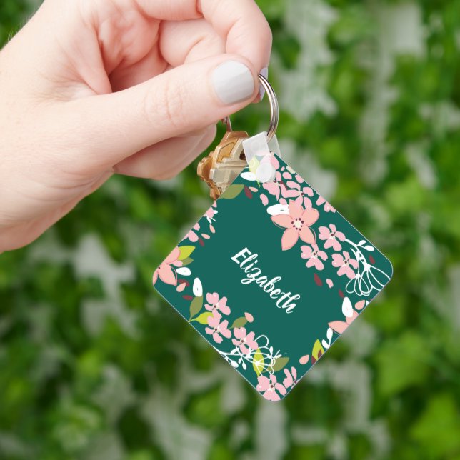 Porte-clés Vert avec fleurs roses Personnalisé (main)
