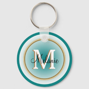 Porte-clés Vert bleu Teal et nom et initiale d'or de Faux