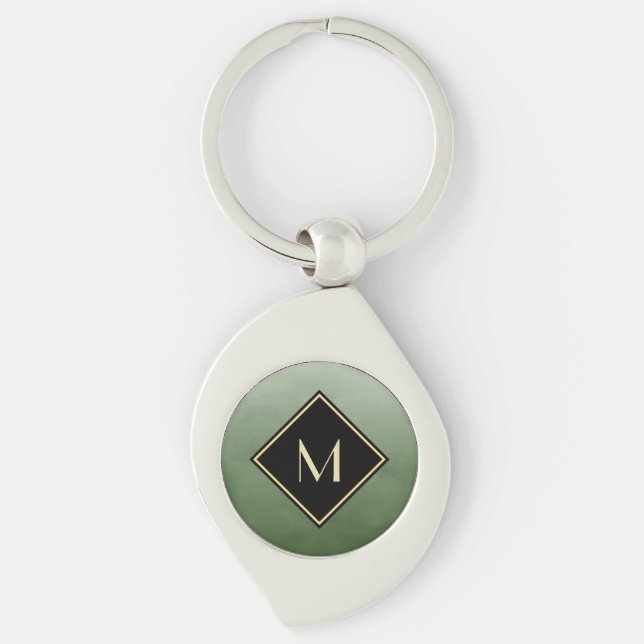 Porte-clés Vert Brossé Élégant Avec Monogramme Or Simple (Devant)