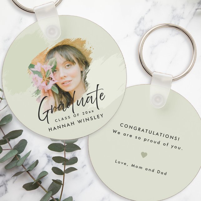 Porte-clés Vert clair Ajouter votre photo personnalisée Invit (sage green graduation keychain gift with custom photo and message for daughter, son, grandchild)