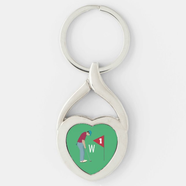 Porte-clés Vert Golfeur Putting Ball Coeur en forme (Devant)
