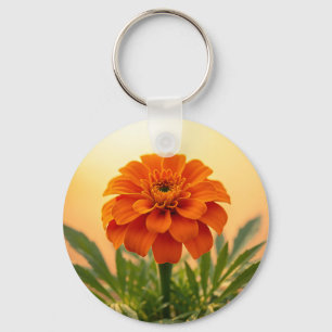 Porte-clés Vibrante Fleur de Tagète Orange au Coucher de Sole