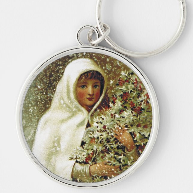 Porte-clés Victorian winter girl holly berry branches snow (Devant)