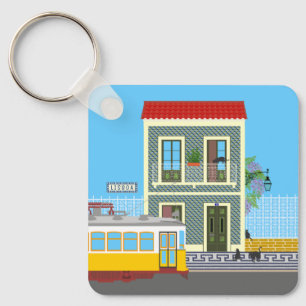Porte-clés Vieille maison de Lisbonne avec chats et tramway j