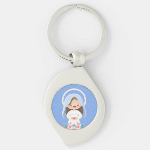 Porte-clés Vierge Marie Kawaii aimante avec cœur – Bleu ciel