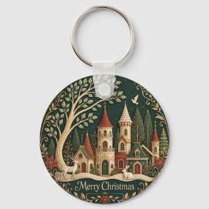 Porte-clés Village de Noël enchanté dans la forêt d'Épinette
