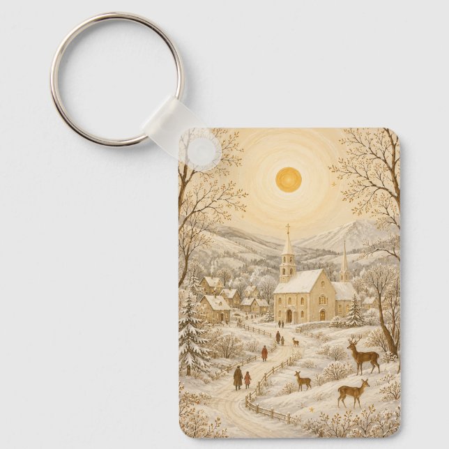 Porte-clés Village d'hiver doré Église Paysage (Recto)