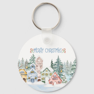 Porte-clés Village enneigé charmant à l'aquarelle pour Noël