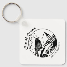Porte-clés Ville des corbeaux carré graphique noir et blanc