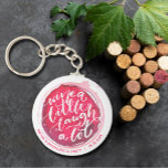 Porte-clés Vin un peu rire Un grand plaisir de la fête<br><div class="desc">Porte - clé à bouton rond propose un texte amusant "Wine a Little Laugh A Lot" sur une tache de vin rouge et personnalisez avec vos informations de fête. Les porte - clés font des cadeaux mémorables pour leur famille et leurs amis ou créent pour vous-même.</div>