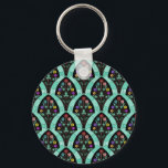 Porte-clés Vintage Art Deco Flower Fan Mosaic<br><div class="desc">A vintage,  art deco inspired fan shaped pattern with colorful flowers on black with a mint green,  faintly geometric background. Inspired by the roaring twenties / Gatsby. A classic,  pretty,  modern floral design for anyone who likes the 20's / an antique feel.</div>