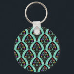Porte-clés Vintage Art Deco Flower Fan Mosaic<br><div class="desc">A vintage,  art deco inspired fan shaped pattern with colorful flowers on black with a mint green,  faintly geometric background. Inspired by the roaring twenties / Gatsby. A classic,  pretty,  modern floral design for anyone who likes the 20's / an antique feel.</div>