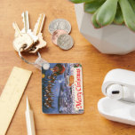 Porte-clés Vintage Christmas Santa Claus Flying His Sleigh<br><div class="desc">Vintage illustration Christmas holiday design featuring Santa Claus with his reindeer flying his sleigh about to deliver toys on Christmas Eve. Santa is flying over rooftops with chimneys of the sleeping town on this clear beautiful night with stars shining bright. Text reads Merry Christmas.</div>