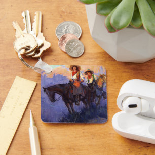 Porte-clés Vintage Cowboys, Man and Woman on Horses, Anderson