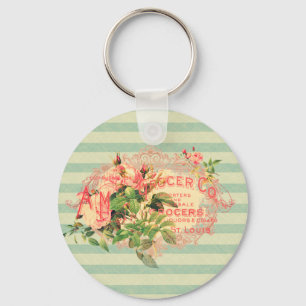 Porte-clés Vintage français, roses et carte postale