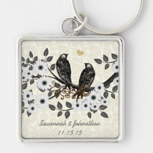 Porte-clés Vintage Gray Birds White Daisy Wedding Key Chain