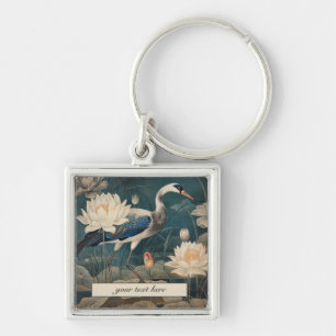 Porte-clés Vintage grue bleu botanique personnalisable