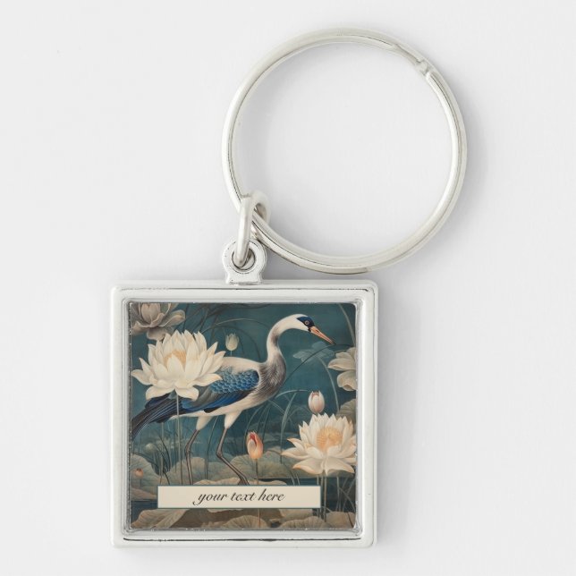 Porte-clés Vintage grue bleu botanique personnalisable (Devant)