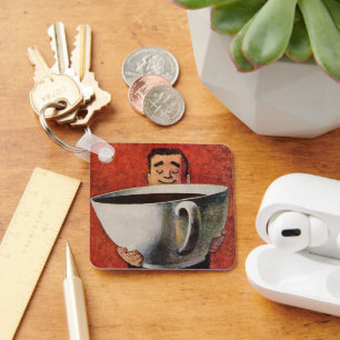 Porte-clés Vintage Happy Man Boire la Coupe Géante de Café
