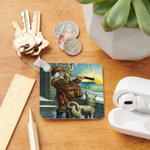 Porte-clés Vintage Noël Santa Claus Telescope Chien Sunset