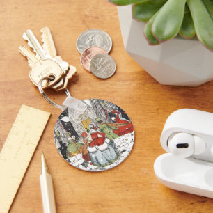 Porte-clés Vintage Noël Victorien Les gens vont à l'église
