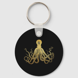 Porte-clés Vintage Octopus Gold Black Ink Coastal Nautical